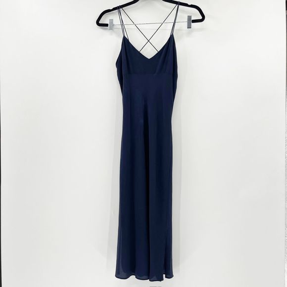 Madewell Dresses & Skirts - Madewell Silk Slip Midi Dress Womens 00 Navy Blue Crossback Sleeveless Side Slit
